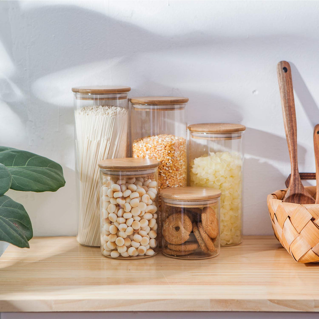 Glass Food Storage Containers, Food Jars with Bamboo Wooden Lids - Set of 5