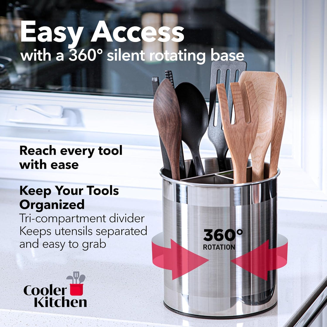 Extra Large Rotating Utensil Holder Caddy with Sturdy No-Tip Weighted Base, Removable Divider, and Gripped Insert: Metal | Rust Proof