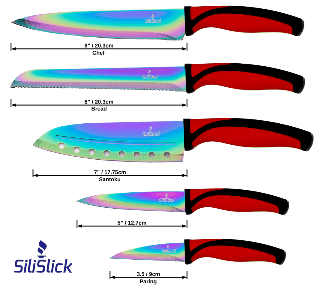 Kitchen Knife Set Kit | Red Handle & Black Magnetic Rack