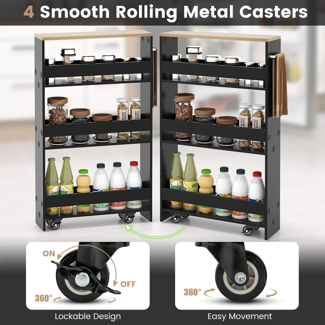 Rolling Kitchen Slim Storage Cart Mobile Shelving Organizer with Handle-Black