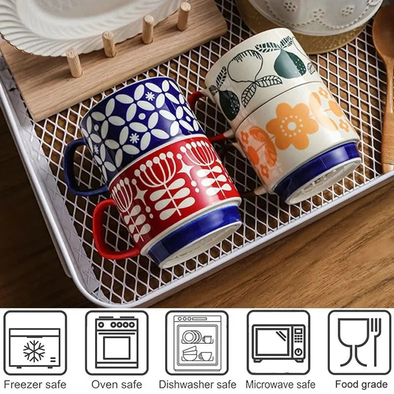 Japanese Flower Coffee Mug Set – Retro Ceramic Cup