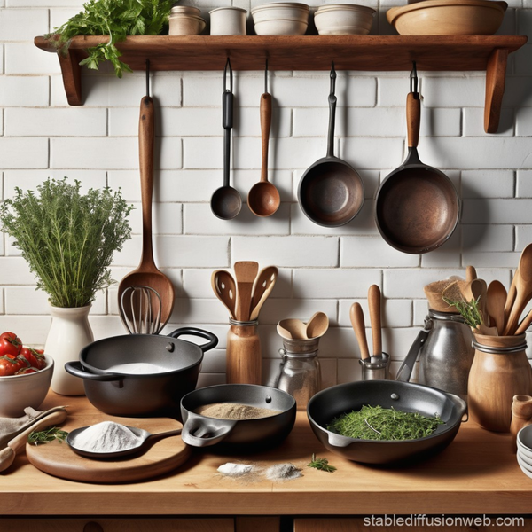 Kitchen scene with pots, pans, and utensils on a wooden countertop against a tiled wall.