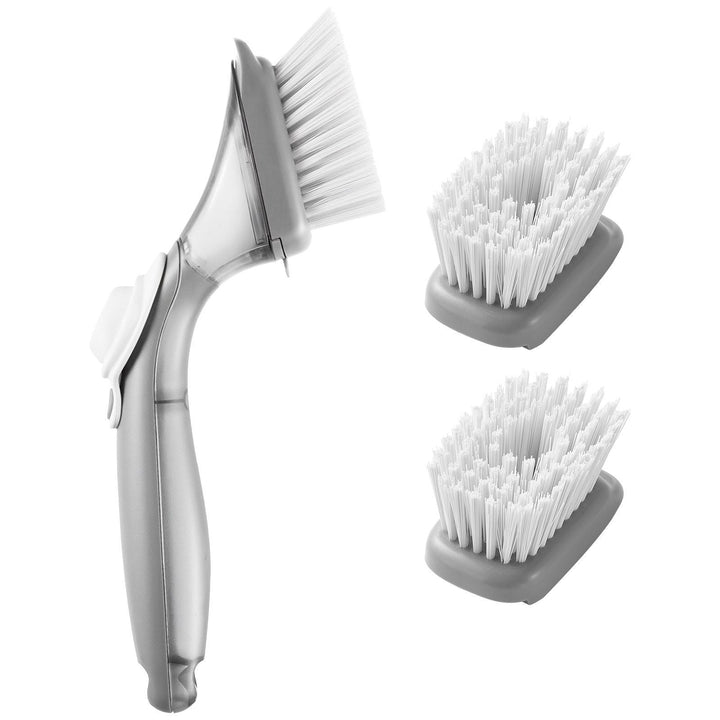 Soap Dispensing Dish Brush, Kitchen Scrub Brushes with 3 Brush Heads, Dish Cleaning Brushes with PP Handle and Curved Bristles, Ideal for Pots, Pans, Sink and Stove