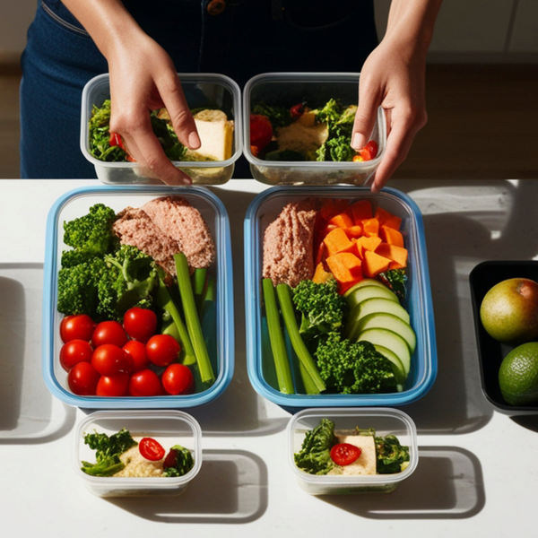 Hands arranging containers of healthy food on a table
